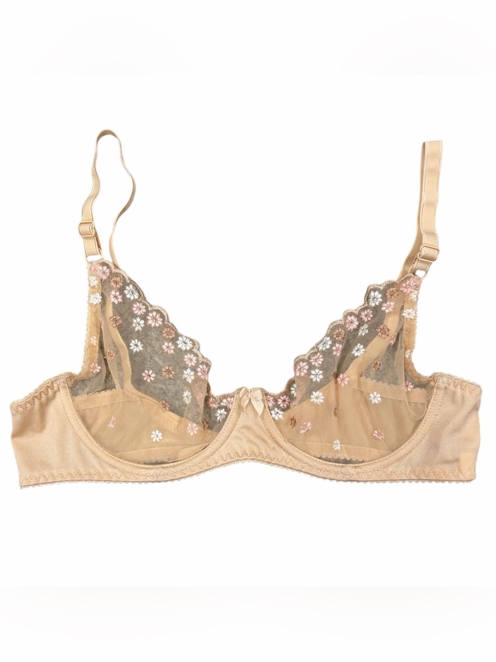 Timpa Beige Embroidered Flower Mesh Underwire Bra